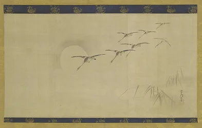 Gänse, Mond und Wasserpflanzen, Edo-Periode, Mitte 17. bis Anfang 18. Jahrhundert